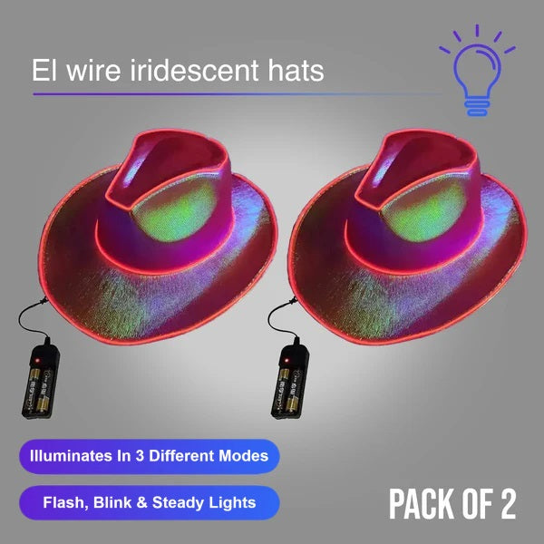 Red EL WIRE Light Up Iridescent Space Cowboy Hat - Pack of 2 Hats
