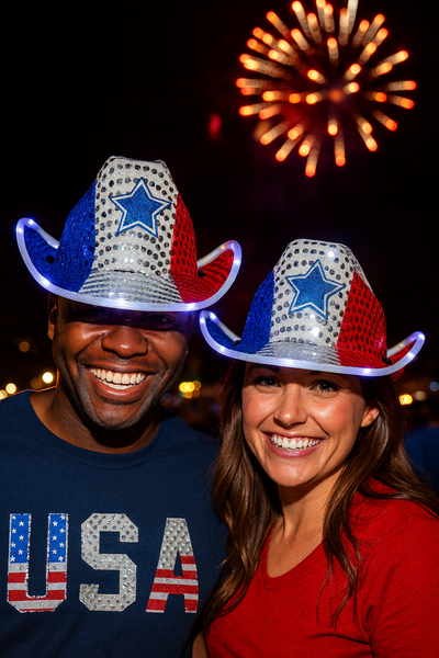 Patriotic LED Light Up Flashing Sequin Cowboy Hat - Red White & Blue Tri-Color