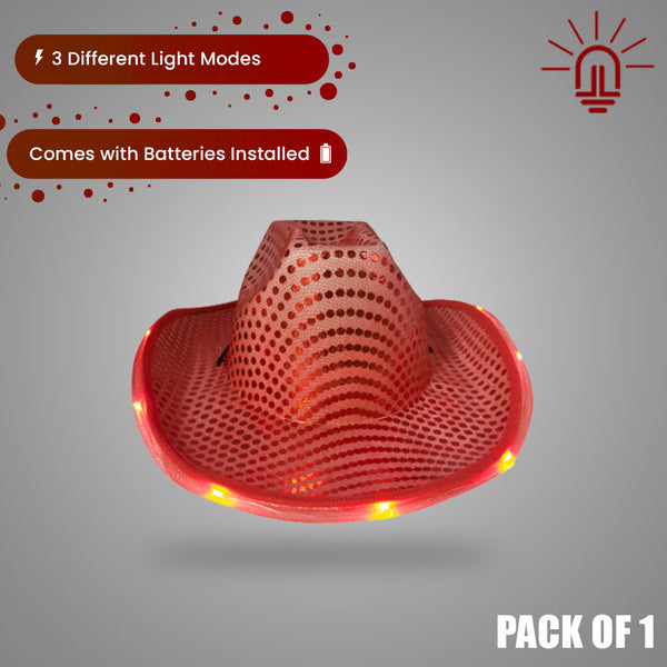 LED Light Up Flashing Red Cowboy Hat With Sequins