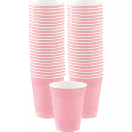 Pink striped paper cups on a white background