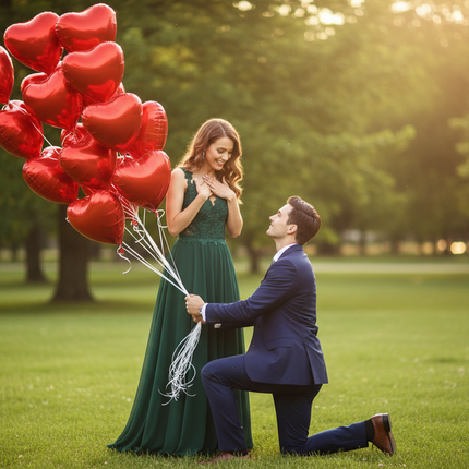 Man kneeling holding lots of heart-shaped balloon while woman in a dress looks at him in a park.