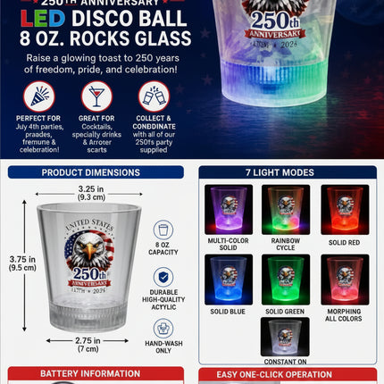 250th Anniversary LED Disco Ball 8 oz. Rocks Glass