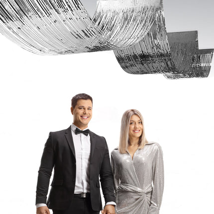 Silver Metallic Fringe Ceiling Curtain
