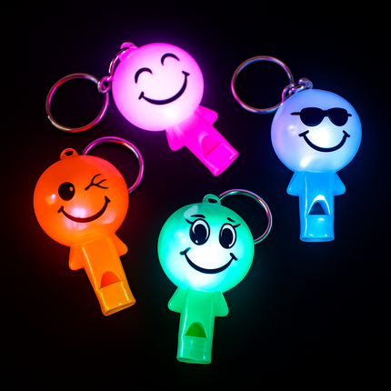 2″ Light-Up Smiley Face Whistle Keychains – Pack of 12