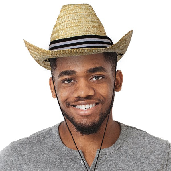 Straw Cowboy Hat With Black & White Strap