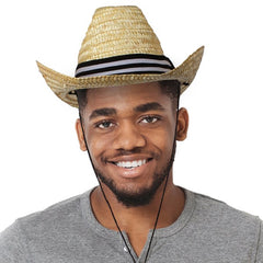 Straw Cowboy Cowgirl Hat With Black & White Strap