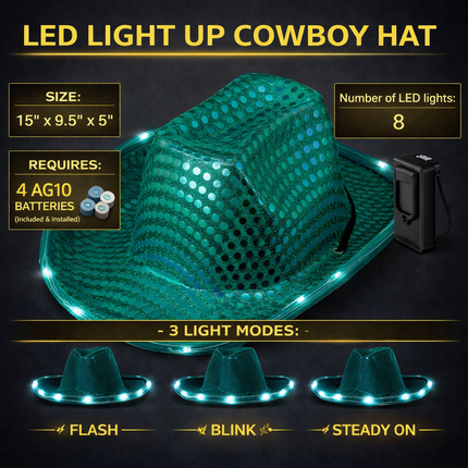 LED Light Up Flashing Teal Cowboy Hat With Sequins