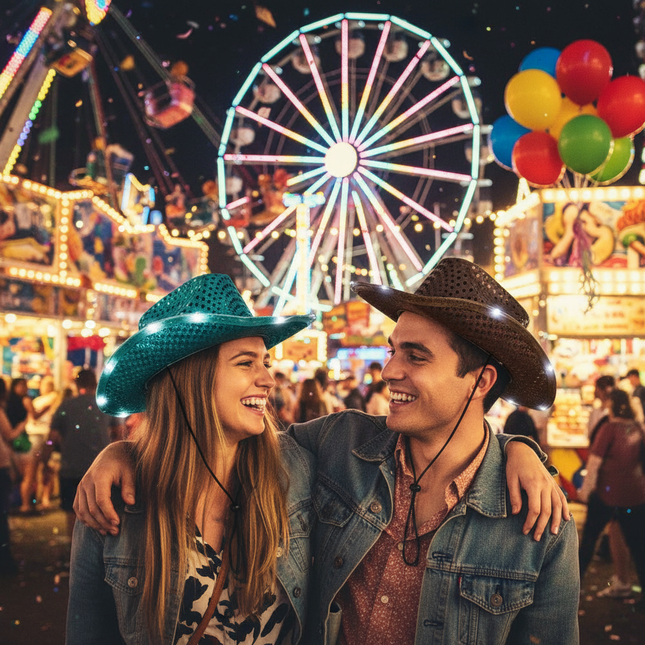 LED Light Up Flashing Sequin Brown & Teal Cowboy Hat - Pack of 2 Hats