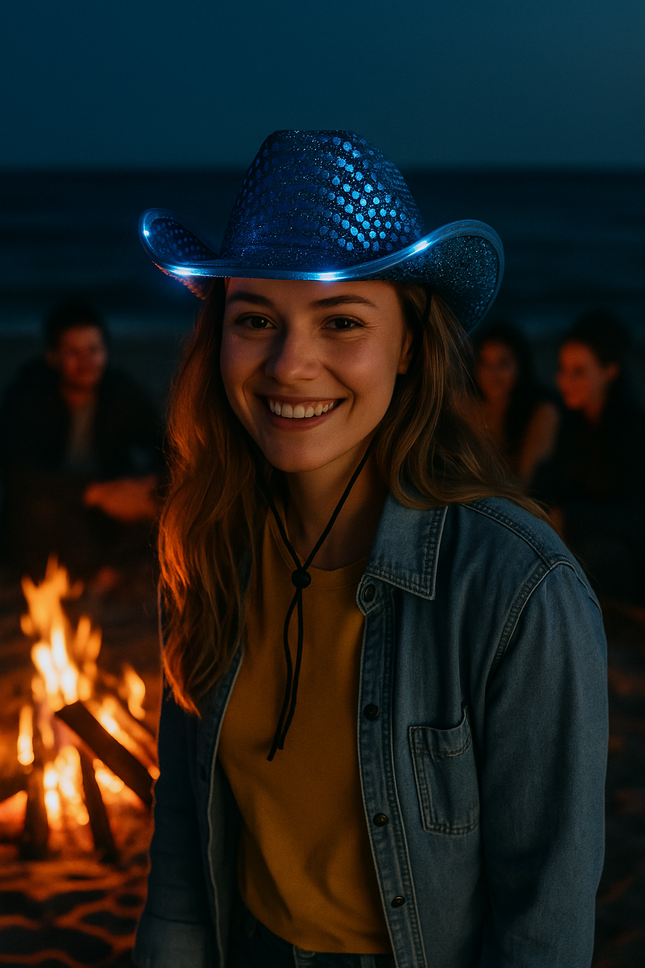 LED Light Up Flashing Teal Cowboy Hat With Sequins
