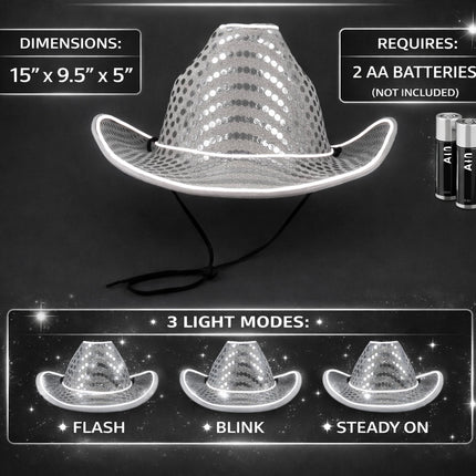 White Sequin LED Light Up Flashing EL Wire Glow Cowboy Party Hat