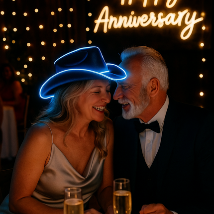 White EL wire iridescent cowboy hat for anniversary party