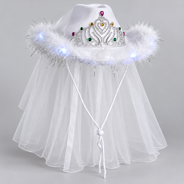 White LED cowgirl bridal hat with veil