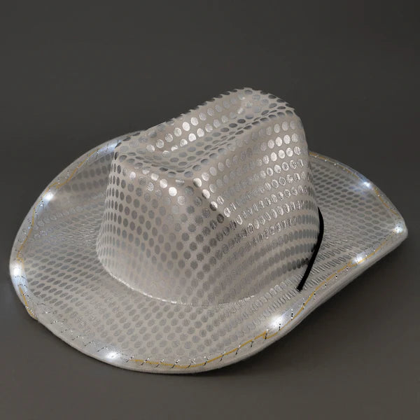 LED Light Up Flashing Sequin White Cowboy Hat