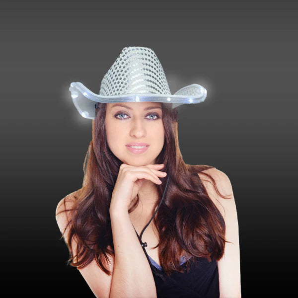 White LED Light Up Sequin Cowboy Hat