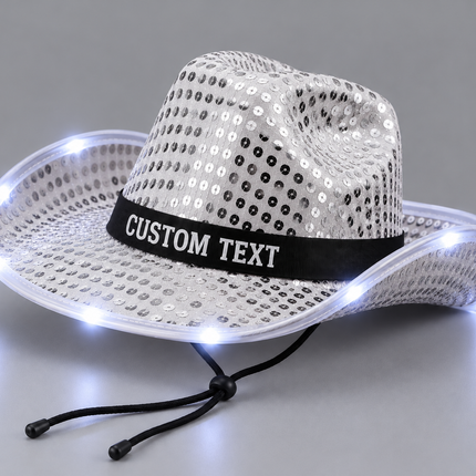 White LED Sequin Cowboy Hat with custom text 