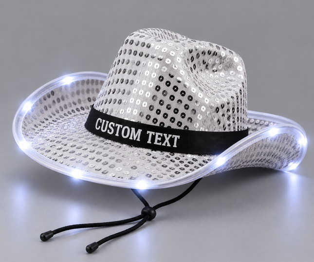 White LED Sequin Cowboy Hat with custom text 