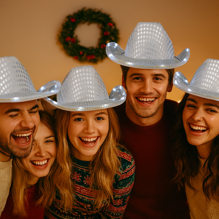 White LED sequin cowboy hat for Christmas