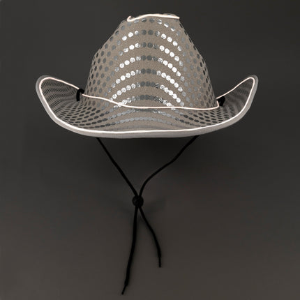 LED Light Up Flashing EL Wire Glow White Sequin Cowboy Hat