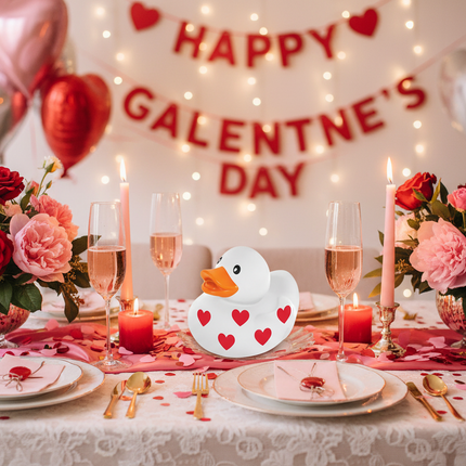 Galentine's Day table setting with flowers, candles, and a rubber duck with heart decorations.