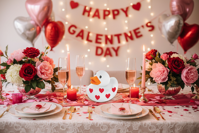 Galentine's Day table setting with flowers, candles, and a rubber duck with heart decorations.