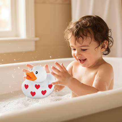 Child playing with withe heart rubber duck in a bathtub