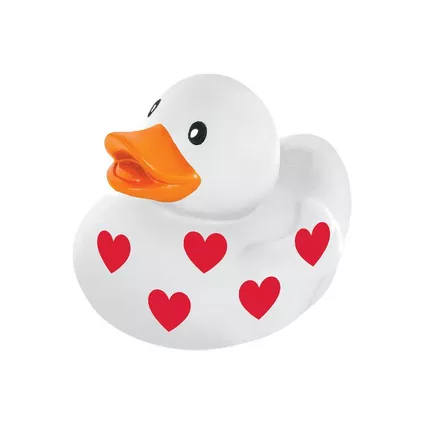 White rubber duck with red hearts on a white background