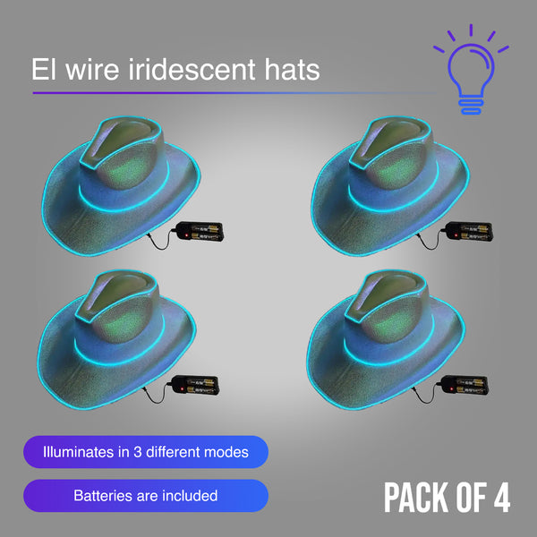 White EL WIRE Light Up Iridescent Space Cowboy Hat - Pack of 4 Hats