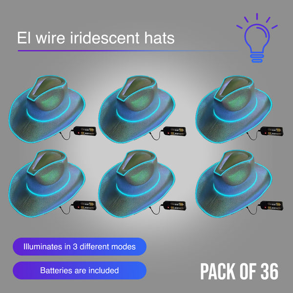 EL WIRE Light Up Iridescent Space White Cowboy Hat - Pack of 36 Hats
