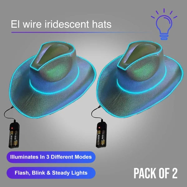 White EL WIRE Light Up Iridescent Space Cowboy Hat - Pack of 2 Hats