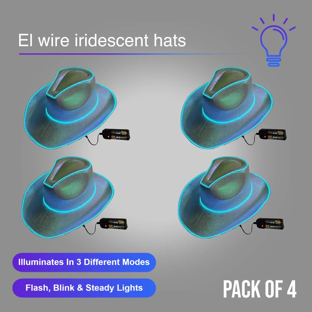 White EL WIRE Light Up Iridescent Space Cowboy Hat - Pack of 4 Hats