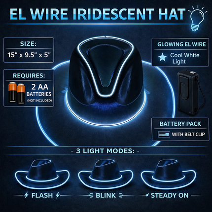 EL WIRE Light Up Iridescent Space White Cowboy Hat