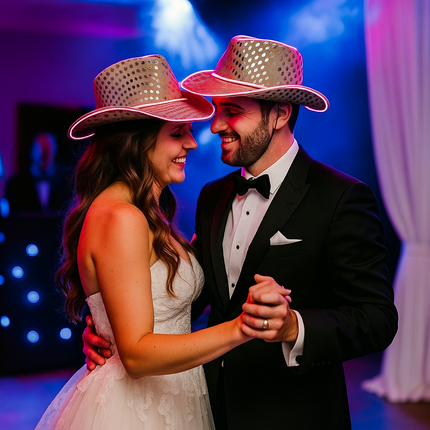White Sequin LED Light Up Flashing EL Wire Glow Cowboy Party Hat