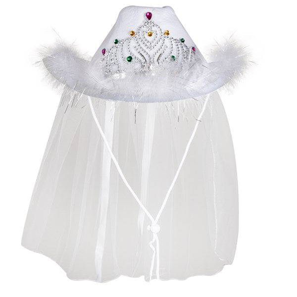 White LED Cowboy Hat With Tiara & Veil