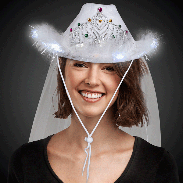 White LED Light Up Bridal Cowgirl Hat With Tiara & Veil