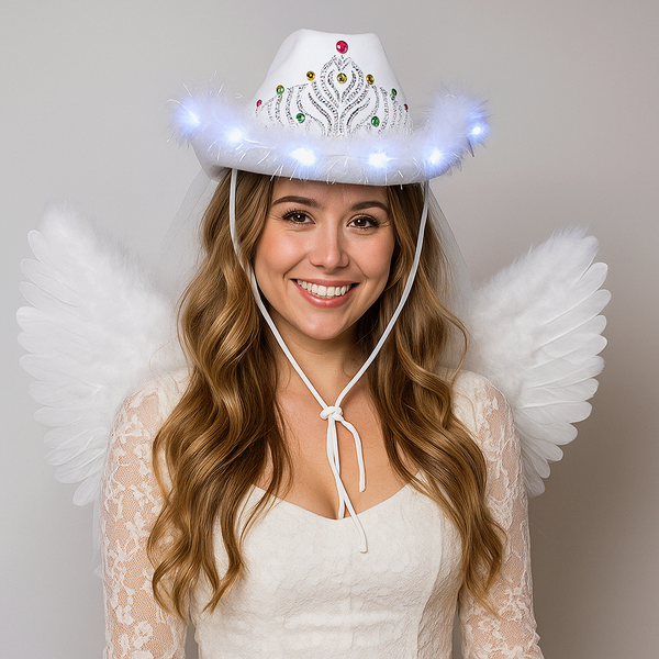 White LED Light Up Bridal Cowgirl Hat With Tiara & Veil