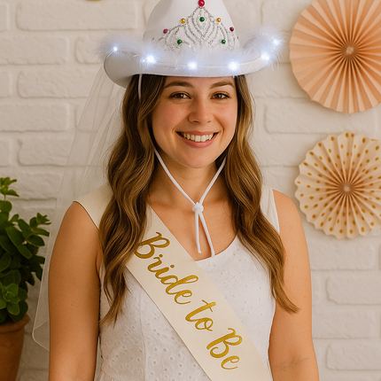 White LED Light Up Bridal Cowgirl Hat With Tiara & Veil