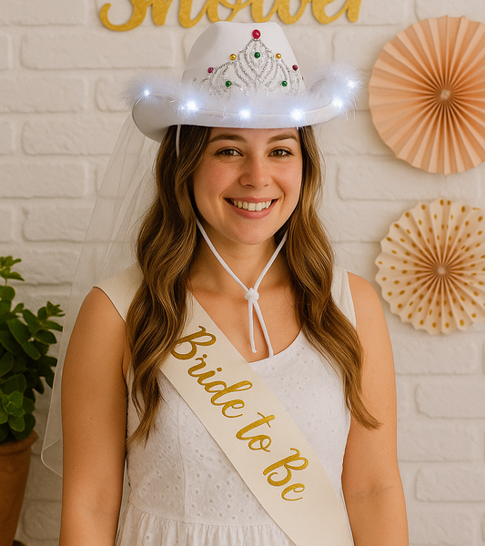 White LED Light Up Bridal Cowgirl Hat With Tiara & Veil