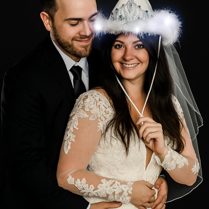 White LED Light Up Bridal Cowgirl Hat With Tiara & Veil