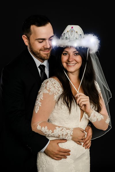 White LED Light Up Bridal Cowgirl Hat With Tiara & Veil