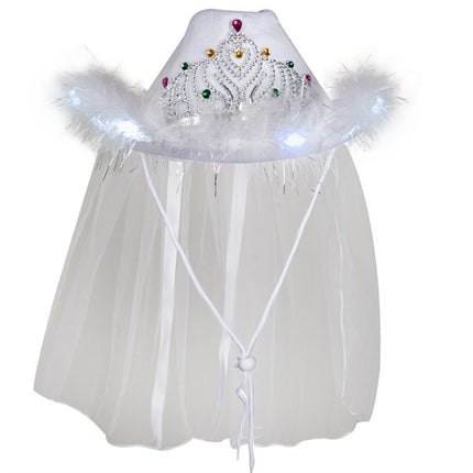 White LED Light Up Bridal Cowgirl Hat With Veil