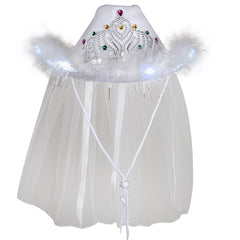 White LED Light Up Bridal Cowgirl Hat With Tiara & Veil