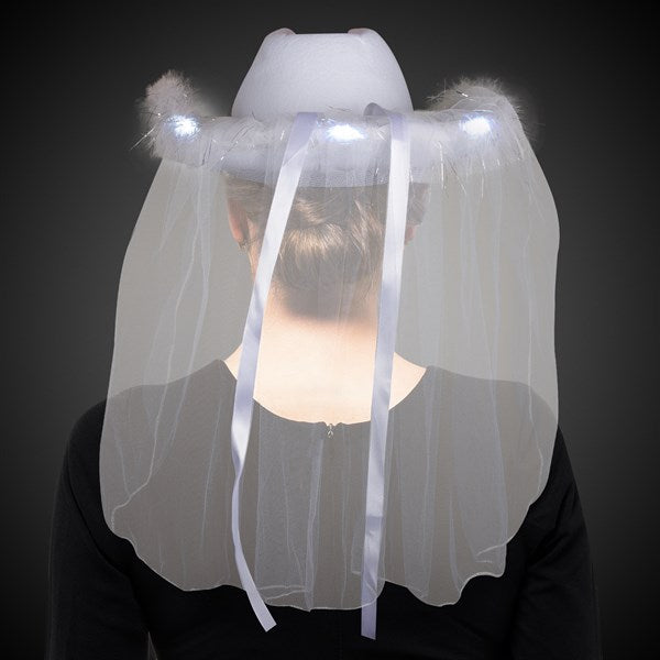 White LED Light Up Cowboy Hat With Tiara & Veil