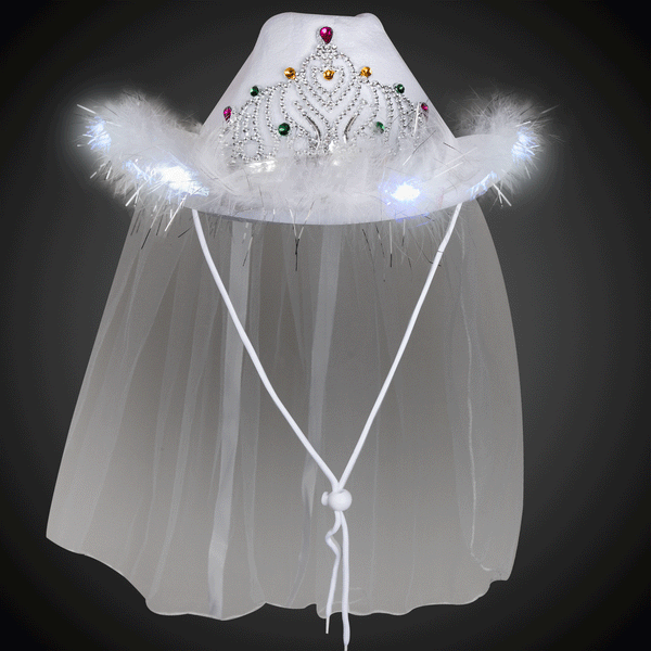 White LED Light Up Cowgirl Hat With Tiara & Veil