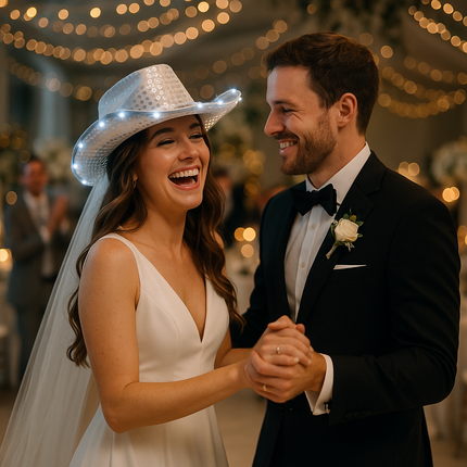 LED Light Up Flashing White Cowboy Hat With Sequins