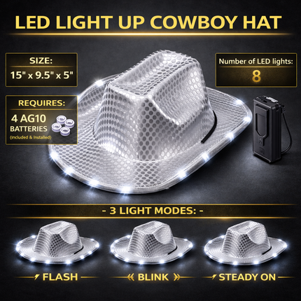 LED Light Up Flashing White Cowboy Hat With Sequins