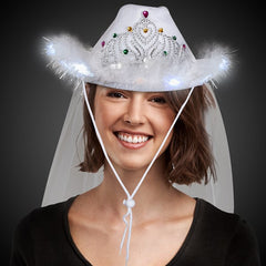 White LED Light Up Bridal Cowgirl Hat With Tiara & Veil