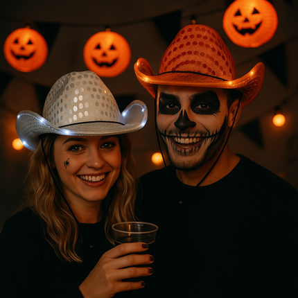 LED Light Up Flashing Sequin White & Orange Cowboy Hat - Pack of 2 Hats