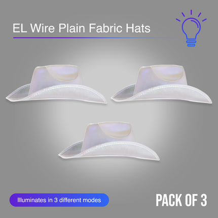 White EL Wire Light Up Plain Fabric Cowboy Hats - Pack of 3 | PartyGlowz