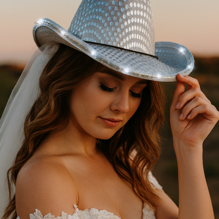 LED Light Up Flashing White Cowboy Hats With Sequins - Pack of 2