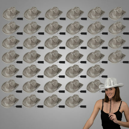 LED Flashing EL Wire Sequin White Cowboy Party Hat - Pack of 36 Hats